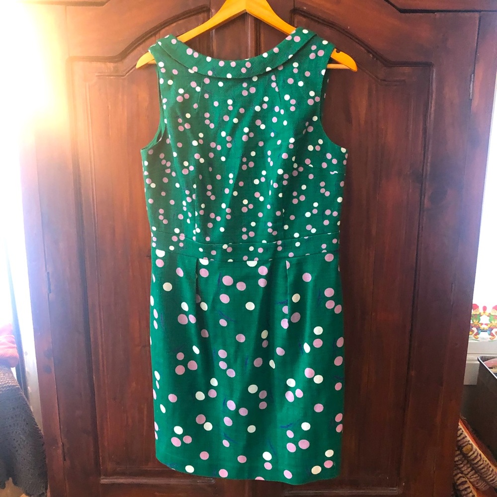 Boden sleeveless green polka dot cotton zip dress